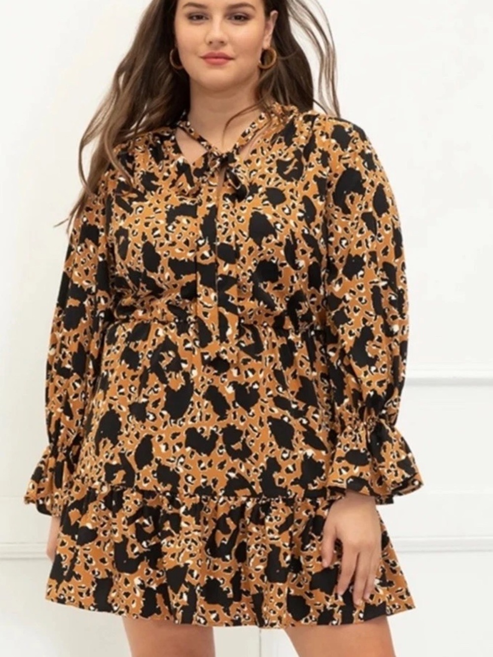 Eloquii Animal Print Tie Neck Balloon Sleeve Flounce Dress Size 18